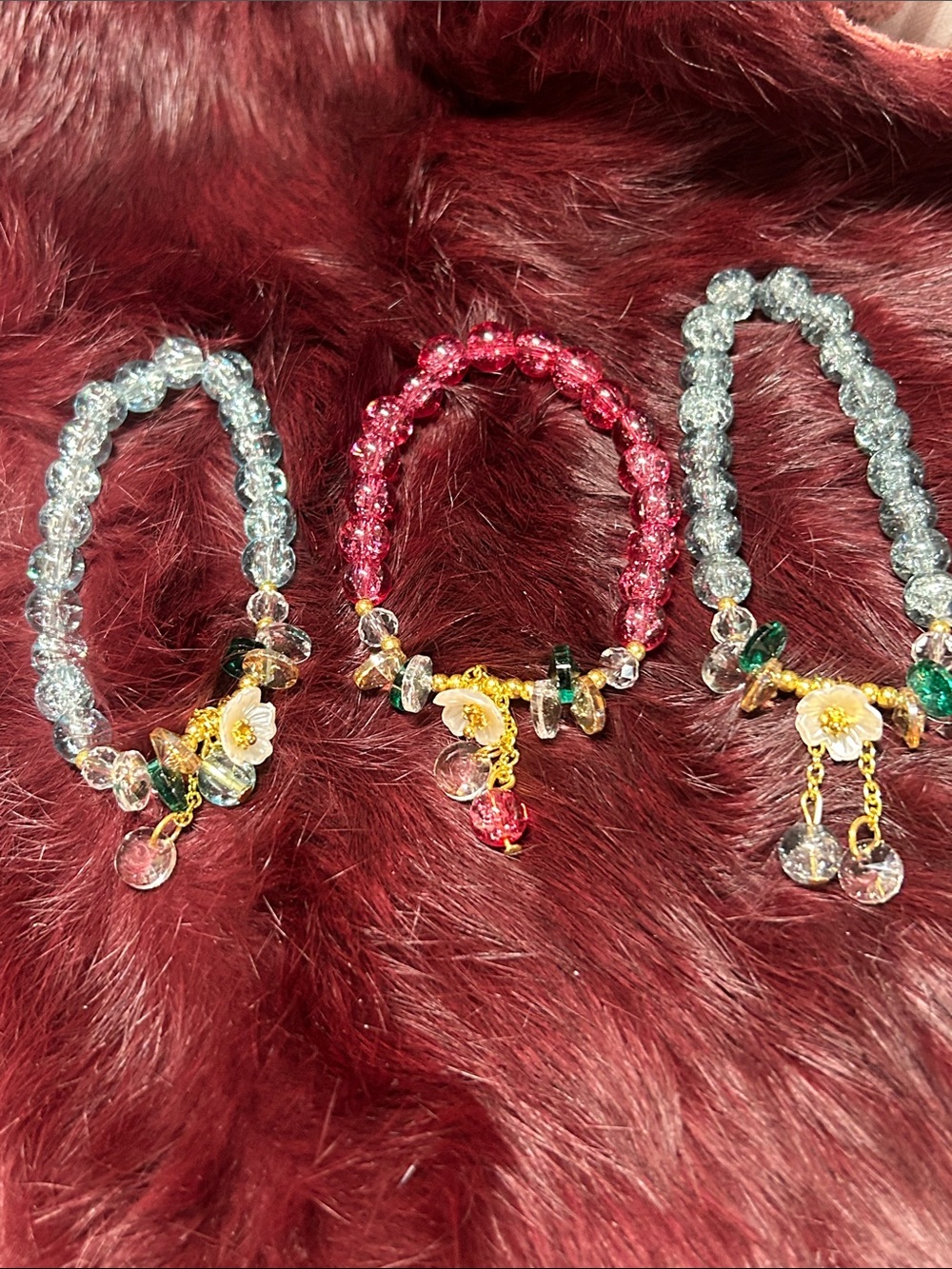 Three for one Crystal Bead Charm Bracelet - Pink and Clear Floral Accents